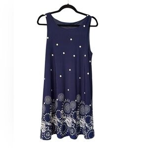 Women's Crew Neck Navy Blue White Polka Dot Floral Dress Size 8